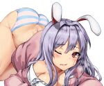  1girl ;o amagi_(amagi626) animal_ears ass back bangs blush breasts breath buttons cleavage collarbone collared_shirt commentary_request dimples_of_venus eyebrows_visible_through_hair eyelashes large_breasts light_purple_hair lips long_hair long_sleeves looking_at_viewer lying on_ground one_eye_closed open_mouth panties pink_sweater rabbit_ears red_eyes reisen_udongein_inaba school_uniform shiny shiny_hair shirt sidelocks skirt skirt_removed solo striped striped_panties sweatdrop sweater thighs top-down_bottom-up touhou underwear uniform wing_collar 