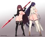  ass aster_crowley bottomless breasts cameltoe censored cosplay dress fate/grand_order heels minamoto_no_raikou_(fate/grand_order) nier_automata nipples no_bra nopan open_shirt pussy scathach_(fate/grand_order) skirt_lift sword tattoo thighhighs weapon yorha_no.2_type_b 