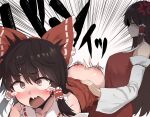  2girls anger_vein ass bare_shoulders black_hair blush bow breasts brown_eyes brown_hair closed_eyes closed_mouth commentary_request detached_sleeves emphasis_lines frilled_bow frilled_hair_tubes frills gomeifuku hair_bow hair_tubes hakurei_reimu highres large_breasts long_hair mother_and_daughter motion_lines multiple_girls nose_blush open_mouth over_the_knee profile red_bow red_shirt sendai_hakurei_no_miko shirt sidelocks sound_effects spanked spanking tearing_up touhou translation_request wavy_mouth white_background white_sleeves 
