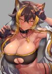 1girl absurdres animal_ears armpits bare_shoulders biro-budou blonde_hair blush breasts brown_hair cat_ears cat_girl collar commentary_request dark-skinned_female dark_skin fingerless_gloves gloves grey_background hair_between_eyes heart heart-shaped_pupils highres indie_virtual_youtuber jewelry large_breasts licking_lips looking_at_viewer midriff multicolored_hair necklace nekoyo_chloe simple_background slime_(substance) smile solo strapless sweat symbol-shaped_pupils tongue tongue_out tube_top two-tone_hair 