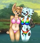 101_dalmatian_street 101_dalmatians 2024 5_fingers angel_(lady_and_the_tramp) anthro anthro_on_anthro anthrofied big_breasts bikini bikini_bottom bikini_top black_nose black_spots breasts canid canine canis cleavage clothed clothed_anthro clothed_female clothing crossover dalmatian disney dolly_(101_dalmatians) domestic_dog duo fangs female female/female fingers folwilliar fur hand_on_shoulder humanoid_hands lady_and_the_tramp mammal markings navel open_mouth open_smile outside partially_submerged pink_bikini pink_clothing pink_swimwear pomeranian rainbow_bikini river smile spitz spots spotted_body spotted_fur standing standing_in_water story story_in_description swimwear tan_body tan_fur teeth tongue two-piece_swimsuit water white_body white_fur