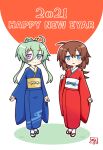 2021 2girls ahoge blue_eyes blue_kimono brown_hair einhard_stratos full_body green_hair hair_between_eyes happy_new_year heterochromia hibun_tsukasa japanese_clothes kimono long_hair lyrical_nanoha multiple_girls open_mouth purple_eyes red_kimono socks stern_the_destructor white_socks wide_sleeves 