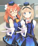  2girls :d animal_ear_fluff animal_ears blonde_hair blue_eyes bow brown_eyes foreshortening frills garrison_cap gloves hair_bow hat headband long_hair looking_at_viewer looking_to_the_side luminous_witches maria_magdalena_dietrich multiple_girls pink_bow ponytail red-framed_eyewear red_hair semi-rimless_eyewear shimada_fumikane smile sylvie_cariello thick_eyebrows uniform v white_bow world_witches_series 