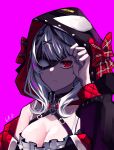  1girl absurdres black_hoodie black_mask breasts choker cleavage commentary english_commentary highres himura_soichiro hololive hood hoodie looking_at_viewer mask mask_lift mask_over_one_eye medium_breasts open_clothes open_hoodie pink_background red_eyes red_ribbon ribbon sakamata_chloe short_hair silver_hair virtual_youtuber 