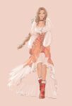  1girl aerith_gainsborough aerith_gainsborough_(garnet&#039;s_gown) black_choker boots braid breasts brown_hair choker cosplay crystal dress final_fantasy final_fantasy_ix final_fantasy_vii final_fantasy_vii_ever_crisis frilled_dress frills full_body garnet_til_alexandros_xvii garnet_til_alexandros_xvii_(cosplay) gloves green_eyes high-low_skirt highres jewelry juliet_sleeves long_hair long_sleeves medium_breasts official_alternate_costume orange_dress papermint_tea parted_bangs parted_lips pendant pink_background puffy_long_sleeves puffy_sleeves red_footwear red_gloves sidelocks single_braid smile solo 
