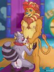 anthro anus blurred_background blush bodily_fluids cum cum_from_mouth cum_from_nose cum_in_mouth cum_in_nose cum_inside detailed_background duo eyes_closed felid fellatio femboy flat_triangles genital_fluids genitals hand_on_head hand_on_hip hi_res holding_penis indigo_park kneeling lion lloydford_l._lion male male/male mammal mane neckwear oral pantherine penile penis plantigrade procyonid raccoon rambley_raccoon sex slightly_chubby standing