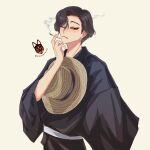  1boy ankotsubumame black_hair black_kimono cigarette commentary_request highres holding holding_cigarette japanese_clothes kimono looking_at_viewer male_focus one_eye_closed original short_hair simple_background smoke_trail solo upper_body yellow_background yellow_eyes 