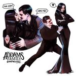 1boy 1girl addams_family black_dress black_hair black_lips black_pants couple crossed_arms dress gomez_addams husband_and_wife looking_at_viewer morticia_addams namalovky pale_skin pants thought_bubble 