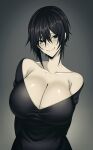  1girl absurdres arms_behind_back black_eyes black_hair blush breasts camui_kamui cleavage commentary_request curvy eyebrows eyebrows_visible_through_hair gothic grey_background highres huge_breasts looking_at_viewer medium_hair off-shoulder_shirt off_shoulder original pale_skin shiny shiny_skin shirt sleeveless smile solo upper_body 