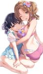  2girls :d :o arm_support ass back bangs bare_legs bare_shoulders black_hair blue_nails blue_swimsuit bra breasts brown_eyes brown_hair cleavage curly_hair eyebrows_visible_through_hair floral_print fukumaru_koito hair_between_eyes hairband highres hug ichikawa_hinana idolmaster idolmaster_shiny_colors jewelry large_breasts looking_at_viewer medium_hair multiple_girls nail_polish necklace one-piece_swimsuit one_eye_closed open_mouth panties pearl_necklace pink_bra pink_panties ponchan_ponc purple_eyes seiza simple_background sitting small_breasts smile swimsuit thong twintails underwear white_background 