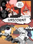  1girl 1other absurdres artist_name crossover english_text ethereal_(zenless_zone_zero) gundam gundam_unicorn highres koleda_belobog long_hair mecha messy_hair mick19988 mobile_suit orange_eyes orange_hair robot speech_bubble surprised sweatdrop thought_bubble typo unicorn_gundam zenless_zone_zero 