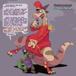 2021 4_fingers 4_toes anthro big_diaper biped blush bodily_fluids brown_claws brown_horn cj_(crackajackin) claws clipboard clothed clothing crackajackin dialogue diaper diaper_under_clothing digital_media_(artwork) dragon duo embarrassed english_text feet fingers flookz_(character) hat headgear headwear hi_res horn lizard male marching_band_uniform markings mythological_creature mythological_scalie mythology one_leg_up onesie purple_clothing purple_hat purple_headwear purple_onesie raised_leg reading red_clothing red_eyes red_hat red_headwear red_onesie reptile scalie simple_background size_difference speech_bubble striped_markings striped_tail stripes sweat tail tail_markings teeth text toe_claws toes url wearing_diaper worried