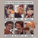  1girl 5boys ? absurdres animal_ears animification balaclava bespectacled bishounen black_hair black_hat blue_eyes bottle breath_weapon breathing_fire brown_hair captainpuffy card character_name chinese_commentary closed_eyes commentary_request dark-skinned_male dark_skin demon_boy dream_smp dropsbyponk english_text fire fox_boy fox_ears fundy_(youtuber) glasses grey_background hat headband highres holding holding_bottle holding_card horns humanization jacket jschlatt long_hair looking_at_viewer lumwunnie male_focus minecraft_youtube multicolored_hair multiple_boys multiple_drawing_challenge open_clothes open_jacket open_mouth orange_hair pirate playing_card red_eyes round_eyewear sapnap sheep_boy sheep_ears sheep_girl sheep_horns short_hair six_fanarts_challenge smile speech_bubble split-color_hair spoken_question_mark streaked_hair suit sweater tongue turtleneck turtleneck_sweater two-tone_hair white_hair white_headband wilbur_soot yellow_sweater 