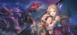  2boys 2girls absurdres atelier_(series) atelier_firis atelier_resleriana backpack bag blue_jacket braid bridal_gauntlets brown_bag brown_hair crying detached_sleeves dirty dirty_face dragon embers firis_mistlud game_cg green_eyes headscarf highres hug jacket long_hair long_sleeves looking_at_viewer multiple_boys multiple_girls night night_sky non-web_source official_art open_mouth outdoors people scared sky streaming_tears sweatdrop tears upper_body 