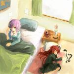  2girls alternate_hairstyle animal_ears bangs bed blouse blue_blouse cat_ears commentary_request day dress eyeball feet_out_of_frame flower frilled_dress frilled_shirt_collar frills green_dress indoors kaenbyou_rin komeiji_satori long_hair long_sleeves lying multiple_girls nightstand on_bed on_floor on_side open_mouth pillow pink_hair red_eyes red_hair shimada_sarasara short_hair sleeping third_eye touhou under_covers vase waking_up window 