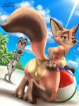 absurd_res anthro balls beach bikini breasts bulge butt canid canine canis clothed clothing digital_media_(artwork) disney duo ear_markings facial_markings female femboy fox fur genitals golden_bikini head_markings hi_res jack_savage lagomorph leporid link6432 male male/female mammal markings mature_female mrs._wilde rabbit red_fox simple_background smile swimwear tail true_fox two-piece_swimsuit ych_(character) zootopia