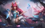  ahri animal_ears japanese_clothes kitsune league_of_legends no_bra open_shirt tagme tail thighhighs wet 