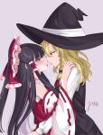  2girls absurdres after_kiss arms_around_waist black_vest blonde_hair blush bow braid brown_hair commentary_request detached_sleeves eye_contact frilled_bow frilled_hair_tubes frills hair_bow hair_tubes hakurei_reimu hand_on_another&#039;s_shoulder hat highres kirisame_marisa long_hair long_sleeves looking_at_another mito_(fate) multiple_girls red_bow red_eyes red_skirt ribbon-trimmed_sleeves ribbon_trim saliva saliva_trail shirt side_braid signature skirt skirt_set sweatdrop tongue tongue_out touhou vest white_shirt witch_hat yuri 