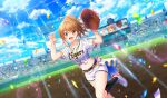  1girl :d baseball_mitt baseball_stadium baseball_uniform belt black_belt black_socks blurry bracelet brown_eyes brown_hair cinderella_series claw_pose cloud confetti crowd depth_of_field dutch_angle flag game_cg hachigatsu_no_cinderella_nine hair_ornament hair_scrunchie hairclip hanshin_koshien_stadium hanshin_tigers high_ponytail highres jewelry leg_up light_rays looking_at_viewer navel nippon_professional_baseball nitta_minako non-web_source official_alternate_hairstyle official_art open_mouth outdoors scoreboard screen_zoom scrunchie shirt short_sleeves shorts sky smile socks sportswear standing standing_on_one_leg striped_clothes striped_shirt sunbeam sunlight tied_shirt vertical-striped_clothes vertical-striped_shirt white_shorts white_sneakers wrist_scrunchie yellow_scrunchie 