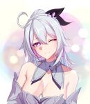  1girl ;) ahoge bare_shoulders black_ribbon breasts cleavage detached_collar dress grey_dress hair_between_eyes hair_ribbon head_tilt highres honkai_(series) honkai_impact_3rd kiana_kaslana large_breasts long_hair looking_at_viewer off-shoulder_dress off_shoulder one_eye_closed purple_eyes ribbon rufighter86 smile solo upper_body white_hair 