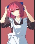  1girl apron blue_bow bow closed_mouth hair_bow kohaku_(tsukihime) looking_at_viewer maid raised_eyebrows red_background red_hair short_hair simple_background smile solo tam002 tsukihime white_apron yellow_eyes 