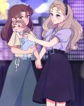  3girls black_hairband black_skirt blonde_hair blue_skirt blush brown_eyes brown_hair building closed_eyes closed_mouth commentary_request drooling english_commentary glass_no_kamen hairband highres himekawa_ayumi holding_baby holding_hands if_they_mated interlocked_fingers ips_cells jewelry kitajima_maya laura_(wisteriamemory_) long_hair looking_at_another medium_skirt mixed-language_commentary mother_and_daughter multiple_girls purple_eyes purple_shirt ring shirt short_sleeves skirt smile thick_eyebrows wedding_ring wife_and_wife yellow_shirt yuri 
