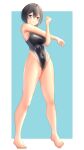  1girl absurdres arisu_(alice1019sm) barefoot black_eyes black_hair black_one-piece_swimsuit blue_background breasts commentary_request competition_swimsuit covered_navel full_body groin highleg highleg_one-piece_swimsuit highres medium_breasts one-piece_swimsuit original short_hair solo stretching swimsuit tomboy two-tone_background two-tone_swimsuit 