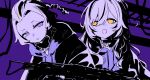  2girls :o absurdres alternate_costume alternate_hairstyle anya_melfissa assault_rifle black_jacket bow bowtie braid braided_ponytail choker emo_fashion futomoy gun hair_over_one_eye hair_pulled_back heart heart_choker high_contrast highres holding holding_gun holding_weapon hololive hololive_english hood hoodie jacket kalashnikov_rifle long_hair mask monochrome mouth_mask multicolored_hair multiple_girls nanashi_mumei nanashi_mumei_(emo) official_alternate_hairstyle one_side_up open_mouth partially_colored purple_background purple_theme rifle streaked_hair type_56_assault_rifle very_long_hair virtual_youtuber wavy_hair weapon yellow_eyes 