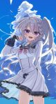 1girl 9-nine- :d ahoge arm_behind_back backlighting blue_sky blush braid breasts cloud commentary cowboy_shot cumulonimbus_cloud day dress eyes_visible_through_hair floating_hair frilled_dress frills green_ribbon grey_hair hair_between_eyes hair_ribbon hand_up happy highres holding holding_own_hair long_hair long_sleeves looking_at_viewer lvetica medium_breasts niimi_sora open_mouth outdoors pleated_dress purple_eyes ribbon school_uniform short_dress side_ponytail sidelocks single_braid sky sleeves_past_wrists smile solo tsurime very_long_hair white_dress wind 