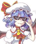  1girl adjusting_eyewear aksawshin ascot bat_wings blue_hair choker closed_mouth collared_shirt earrings english_commentary fangs hair_between_eyes hat hat_ribbon jewelry mob_cap multicolored_ascot multicolored_ribbon pointy_ears puffy_short_sleeves puffy_sleeves red_ascot remilia_scarlet ribbon shirt short_hair short_sleeves simple_background smile solo sunglasses thug_life touhou upper_body white_background white_hat white_shirt wings yellow_ascot 