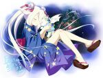  1girl alternate_costume animal bare_legs blue_kimono branch closed_eyes commission creature double_bun from_side hair_bun holding holding_animal hoshizora_no_memoria japanese_clothes kimono leaf long_hair mare_s._ephemeral naoya_come obi okobo sandals sash skeb_commission solo star_(sky) star_(symbol) star_print tanabata tanzaku twintails very_long_hair white_hair yukata 