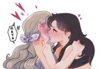  2girls black_sports_bra blush bow brown_eyes brown_hair commentary_request english_commentary glass_no_kamen grey_hair hair_bow hand_on_another's_shoulder heart himekawa_ayumi kitajima_maya laura_(wisteriamemory_) long_hair mixed-language_commentary multiple_girls parted_lips purple_bow simple_background smile speech_bubble sports_bra sweat upper_body white_background yuri 
