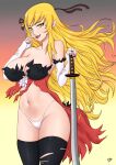  bakemonogatari blood erect_nipples kissshot_acerolaorion_heartunderblade kizumonogatari masterdoodle monogatari_(series) no_bra pantsu pointy_ears sword thighhighs torn_clothes 