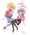  2girls alternate_costume aqua_eyes blonde_hair boots chinese_commentary commentary_request denim english_text flower full_body genderswap genderswap_(mtf) highres jeans light_brown_hair long_hair looking_at_viewer mc_championship minecraft_youtube multiple_girls open_mouth pants pink_parrots_(mc_championship) ponytail purple_eyes purpled shoes short_hair shorts simple_background smile thighhighs tommyinnit torn_clothes torn_pants w wen_se_nan_sen white_background 