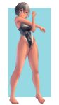  1girl absurdres arisu_(alice1019sm) barefoot black_eyes black_hair black_one-piece_swimsuit blue_background breasts commentary_request competition_swimsuit covered_navel dark-skinned_female dark_skin full_body groin highleg highleg_one-piece_swimsuit highres medium_breasts one-piece_swimsuit original short_hair solo stretching swimsuit tomboy two-tone_background two-tone_swimsuit 