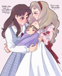  3girls baby blonde_hair blue_dress blush brown_eyes brown_hair commentary_request crying crying_with_eyes_open dress english_commentary english_text floral_print glass_no_kamen hairband hand_on_another's_arm highres himekawa_ayumi holding_baby if_they_mated ips_cells jewelry kitajima_maya laura_(wisteriamemory_) long_hair long_sleeves mixed-language_commentary mother_and_daughter multiple_girls parted_lips pinafore_dress pink_shirt print_shirt red_hairband ring rose_print shirt skirt sleeveless sleeveless_dress smile tears wedding_ring white_shirt white_skirt wife_and_wife yuri 