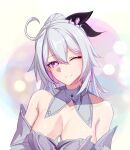  1girl ;) ahoge bare_shoulders black_ribbon breasts cleavage detached_collar dress grey_dress hair_between_eyes hair_ribbon head_tilt highres honkai_(series) honkai_impact_3rd kiana_kaslana large_breasts long_hair looking_at_viewer off-shoulder_dress off_shoulder one_eye_closed purple_eyes ribbon rufighter86 smile solo upper_body white_hair 