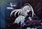  1girl absurdres black_bow black_dress boots bow crease doll dress frilled_dress frills gothic_lolita grey_hair hairband headband highres ishii_kumi lolita_fashion lolita_hairband long_hair looking_at_viewer official_art pink_eyes rozen_maiden scan sitting smile solo suigintou third-party_source translation_request wings 