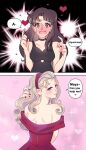 2girls bare_arms black_choker black_dress blonde_hair blush brown_eyes brown_hair choker commentary_request dress earclip earrings english_commentary english_text glass_no_kamen hairband heart highres himekawa_ayumi jewelry kitajima_maya laura_(wisteriamemory_) long_hair looking_at_another mixed-language_commentary multiple_girls off-shoulder_dress off_shoulder open_mouth parted_lips purple_eyes red_dress red_hairband smile sparkle speech_bubble yuri 