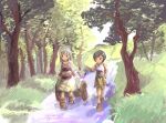  2girls backpack bag bangs black_hair boots brown_eyes brown_footwear brown_gloves brown_hair brown_shorts closed_mouth commentary_request day dress forest full_body gloves grass grey_hair hand_in_pocket long_hair looking_at_another merchant_(ragnarok_online) multiple_girls nature outdoors painterly pullcart ragnarok_online shimada_sarasara shirt shoes short_hair shorts sleeveless sleeveless_shirt smile super_novice_(ragnarok_online) tree walking white_dress white_shirt 