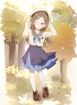  1girl ;) beret blue_overskirt blue_skirt blunt_ends blush brown_footwear brown_hair collarbone commentary_request forest full_body gakuen_idolmaster hat hatsuboshi_gakuen_school_uniform highres idolmaster jacket komaki_(komaki0769) kuramoto_china loafers long_hair nature one_eye_closed outdoors pantyhose parted_bangs pleated_skirt school_uniform shoes skirt smile solo straight_hair very_long_hair white_hat white_jacket white_pantyhose 