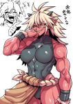  abs biceps big_biceps blonde_hair bracelet breasts clothing evil_grin fangs female grin hair horn humanoid japanese_text jewelry laugh leotard long_hair muscular muscular_female navel not_furry oni open_mouth orange_eyes pointy_ears red_skin sharp_teeth slit_pupils smile solo teeth text tight_clothing translation_request tsuki_wani 