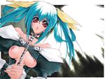  artist_request asymmetrical_wings blue_hair breasts chain collar dizzy guilty_gear large_breasts long_sleeves open_clothes open_shirt red_eyes shirt solo wings 
