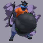  abstract_background absurd_res alternate_color anthro belly big_belly black_fur blue_fur clothed clothing digestion digital_media_(artwork) dragon_ball fan_character felid feline fully_clothed fur gavin_(sahmoothie) hi_res jeans litten male male_pred mammal nintendo onomatopoeia pants pok&eacute;mon pok&eacute;mon_(species) post_vore satisfied shirt smile smirk solo sound_effects stomach_noises t-shirt video_games vore xaphelm yellow_sclera 