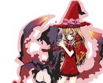 ass blonde_hair blue_eyes bow braid chain cloak curse_maker doctor_magus eye_contact hand_on_another's_face hat lavender_hair long_hair looking_at_another multiple_girls no_panties pink_bow saliva saliva_trail sekaiju_no_meikyuu very_long_hair witch_hat yuri zesuto_(zestzest) 