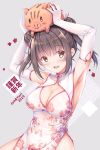 1girl 2019 :d animal animal_on_head armpits arms_up bangs bare_shoulders blush boar breasts brown_eyes brown_hair china_dress chinese_clothes chinese_zodiac cleavage cleavage_cutout commentary_request covered_navel cowboy_shot double_bun dress elbow_gloves eyebrows_visible_through_hair floral_print gloves grey_background hair_ornament happy_new_year head_tilt highres long_hair looking_at_viewer medium_breasts new_year on_head open_mouth original pelvic_curtain print_dress side_bun side_slit sidelocks sleeveless sleeveless_dress smile solo thighs twintails white_dress white_gloves year_of_the_pig yellow_eyes yuriko 