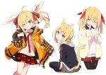  1girl :&lt; :d absurdres amaryllis_class animal_ear_fluff animal_ears bangs bell black_jacket black_legwear blonde_hair blue_eyes blush blush_stickers brown_legwear bunny_ears cat_ears cat_girl cat_tail closed_mouth collared_shirt eyebrows_visible_through_hair eyes_closed green_skirt grin hair_bell hair_between_eyes hair_ornament hair_ribbon head_tilt highres jacket jingle_bell kemonomimi_mode kotohara_hinari long_hair long_sleeves looking_at_viewer looking_to_the_side multiple_views open_clothes open_jacket open_mouth orange_jacket pantyhose plaid plaid_skirt pleated_skirt red_ribbon red_shorts red_skirt ribbon shirt short_shorts shorts skirt sleeves_past_wrists smile sweater tail tail_raised tama_(tama-s) thighhighs twintails virtual_youtuber white_jacket white_shirt white_sweater 