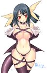  :o areolae artist_request blue_hair blush bow breasts collar dizzy guilty_gear hair_bow huge_breasts midriff navel no_bra red_eyes solo tail thigh_gap thighhighs 