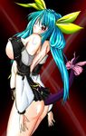  artist_request ass bare_back bare_shoulders blue_hair blush breasts dizzy guilty_gear hair_ribbon large_breasts long_hair long_sleeves looking_at_viewer nipple_slip nipples red_eyes ribbon skirt smile solo tail underboob very_long_hair 