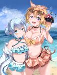  2girls absurdres beach bikini blue_eyes blue_hair blue_sky blush bow breasts choker cleavage cloud commentary crazy_straw cross_hair_ornament cup day drinking_straw eyewear_on_head frilled_bikini frills gochuumon_wa_usagi_desu_ka? hair_bow hair_bun hair_ornament heart heart-shaped_eyewear highres holding holding_cup hoto_cocoa juice kafuu_chino kirara_fantasia large_breasts light_brown_hair multiple_girls navel ocean open_mouth outdoors purple_eyes short_hair sky smile swimsuit upper_teeth ysys 